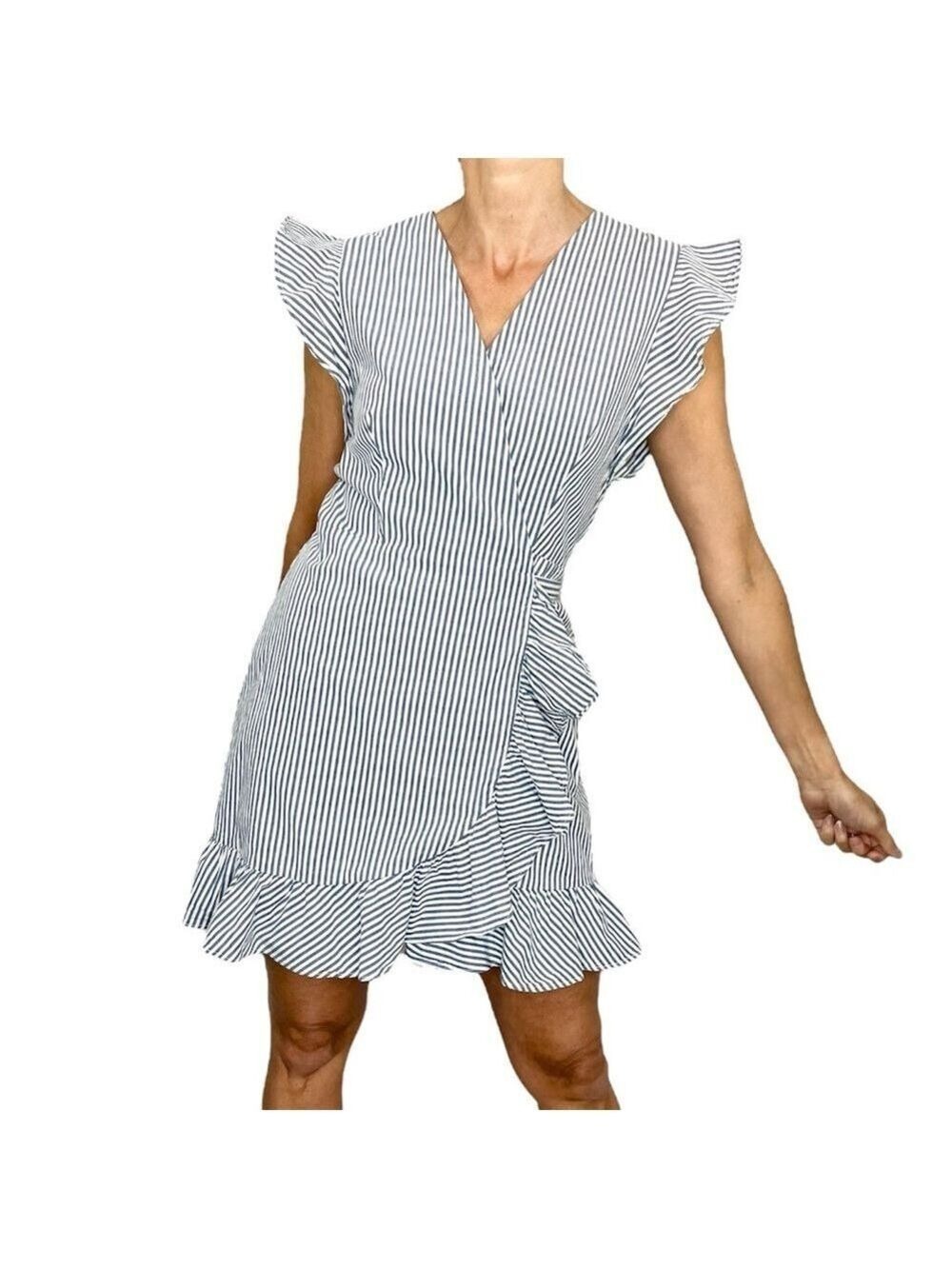WAYF blue white nautical stripe cotton blend ruffle hem mini wrap dress M